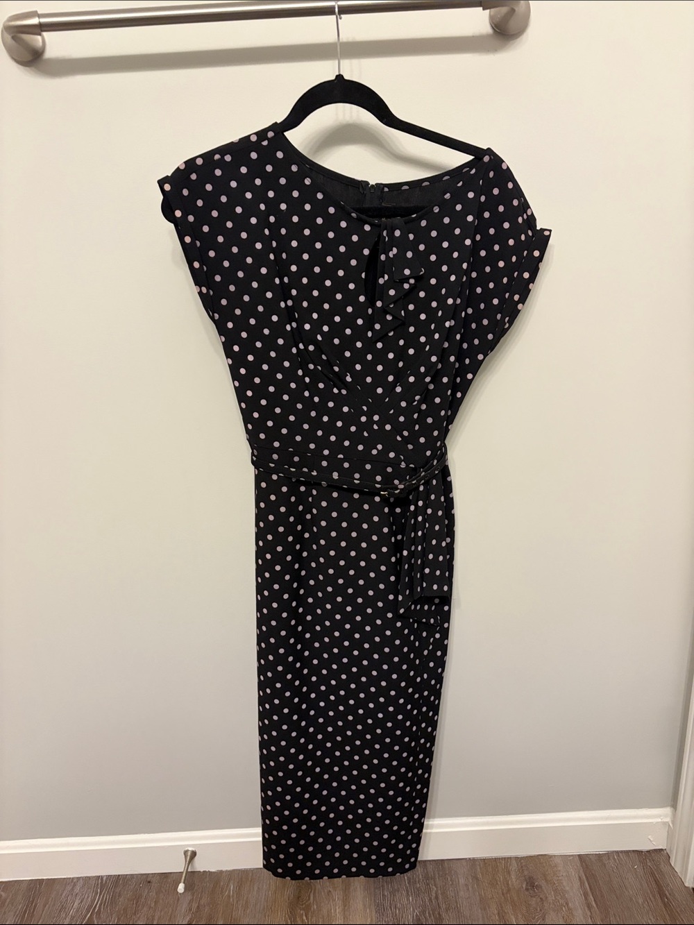 Stop Staring Black Midi Dress with Blush Pink Polka Dots and Waist Tie